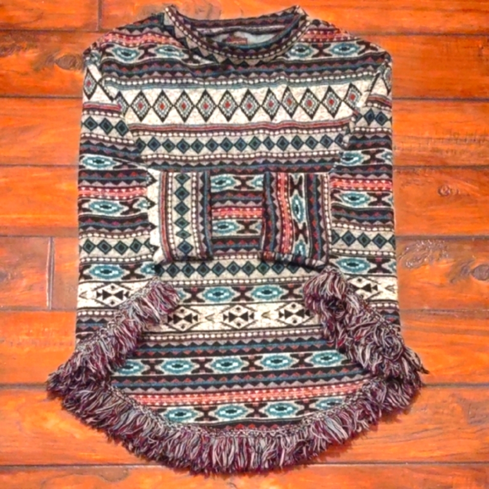 Aztec Patterned Poncho With Sleeves.